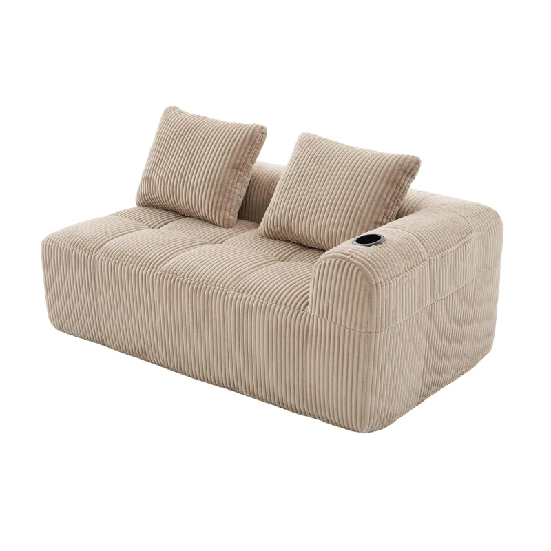 Bequemes Cordsofa mit zwei Sitzern, seitliche Aufbewahrungstasche für Fernbedienung und Handy, eingebauter Getränkehalter, 158X93X61 cm, Khaki