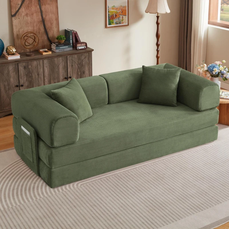 Knochenloses modulares Sofa, umbaubar in ein Bett, umfasst 2 Polster und einen Stahlrahmen, 204L x 97B x 65H cm, Grün