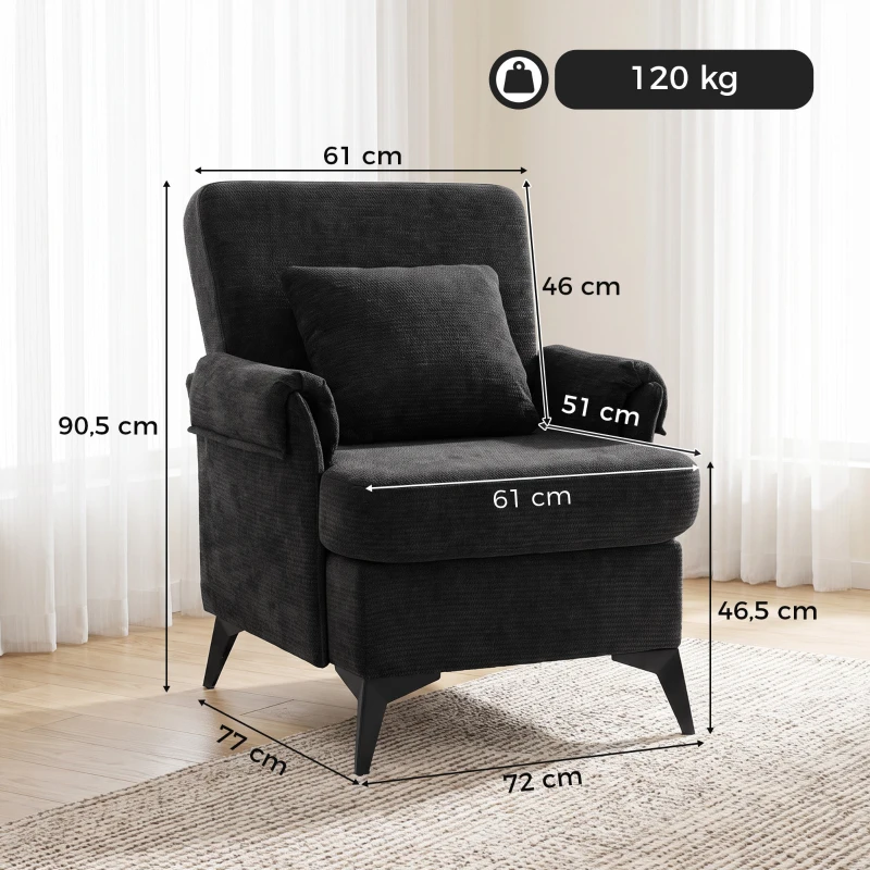 HOMCOM Sillón Relax Sofá Individual en Chenilla Butaca de Salón Moderna Asiento Ancho y Cojín Grueso Cojín Lumbar Negro