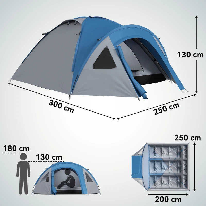 Outsunny Tienda de Campaña para 3 Personas con Ventanas 2 Bolsillos y Bolsa de Transporte 250x300x130 cm Gris y Azul