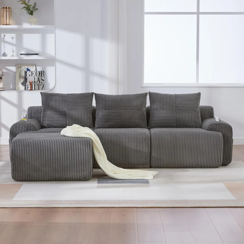 Modulares Cordsofa für 3 Personen (inklusive Fußhocker), ausgestattet mit Getränkehaltern , seitlichen Aufbewahrungstaschen, 268L x 174B x 80H cm, Dunkelgrau
