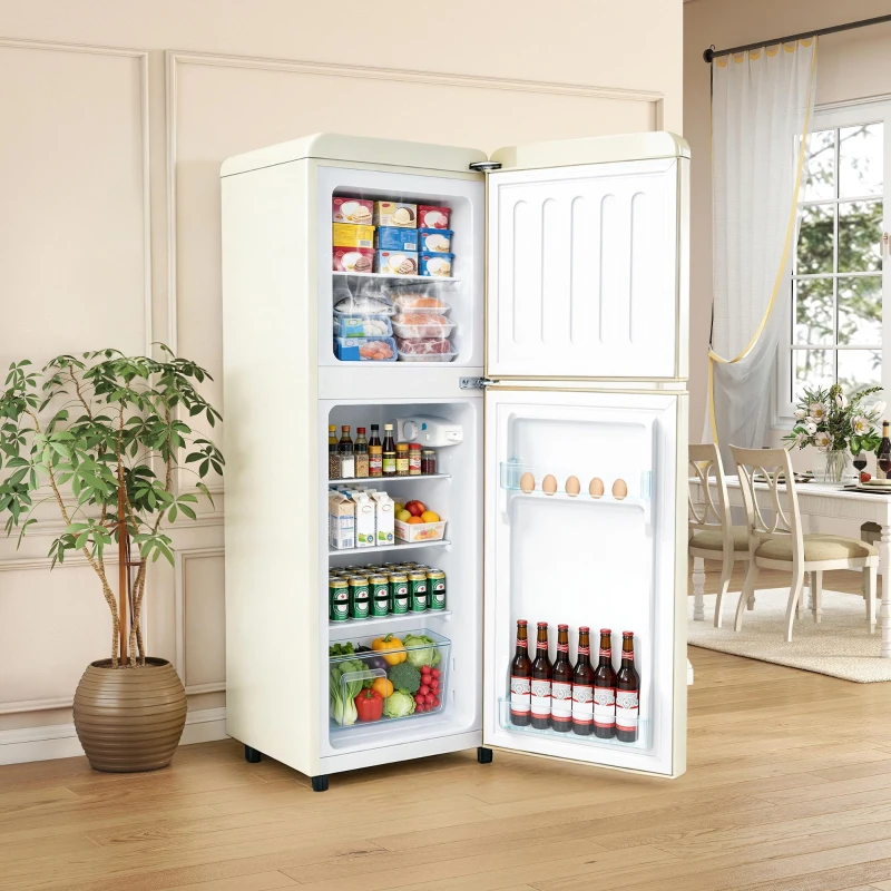 112L Doppeltür-Kühlschrank, 72L Kühlfach + 40L Gefrierfach, 7-stufiger Temperaturregler, 41L x 48,5 B x 114,5 H cm, Cremefarben