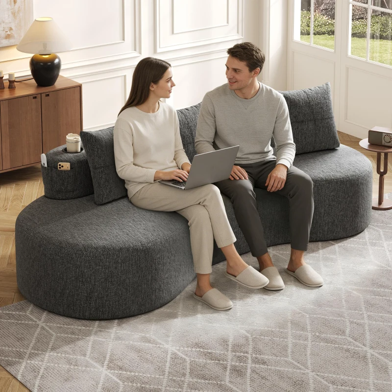 Leinensofa mit 4 Kissen, darunter Getränkehalter und Seitentaschen, 240L x 109B x 63H cm, Dunkelgrau