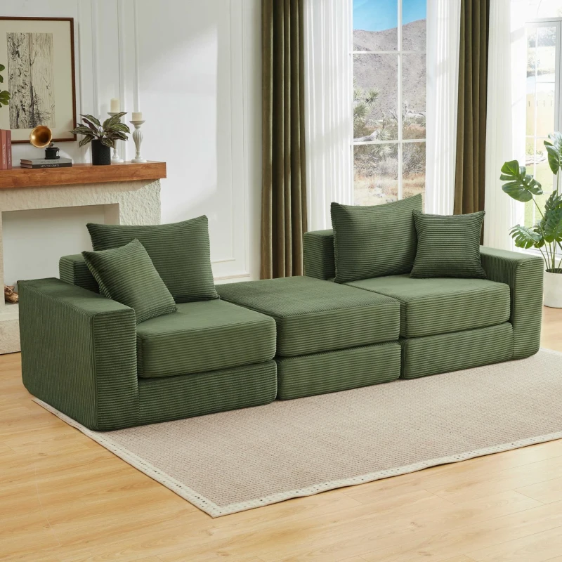 Knochenlose Sofabestuhlung mit rutschfester Basis, mit breiten Armlehnen, bequemen Rückenlehnen und einem hochelastischen Polster, Maße 259,5 L x 96 B x 64,5 H cm, Grün
