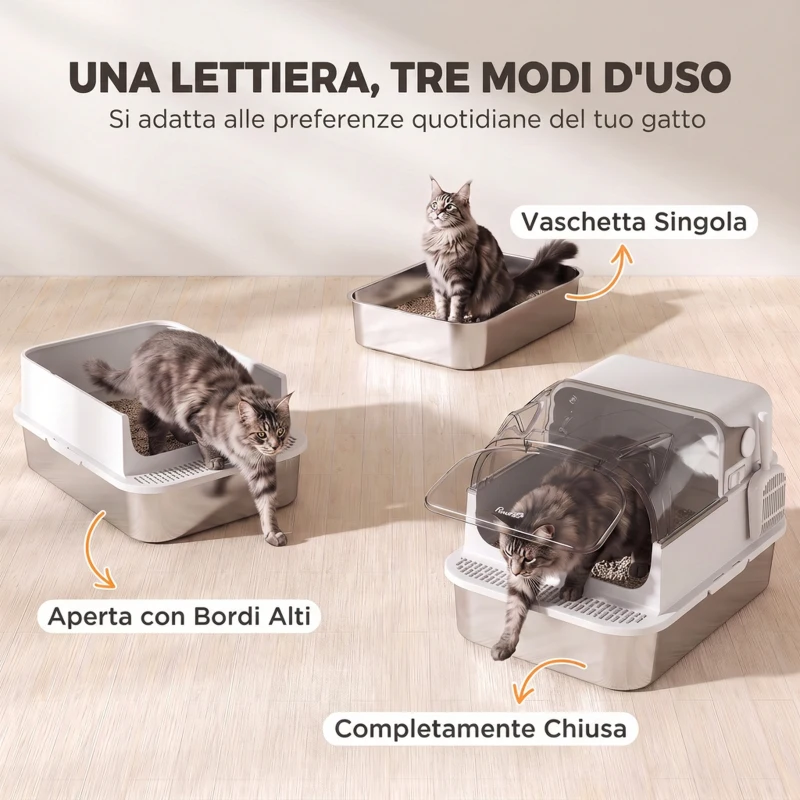 PawHut Lettiera Gatti Chiusa XL 3 in 1 90L in Acciaio Inox con Coperchio Rimovibile, Paletta, Bianco