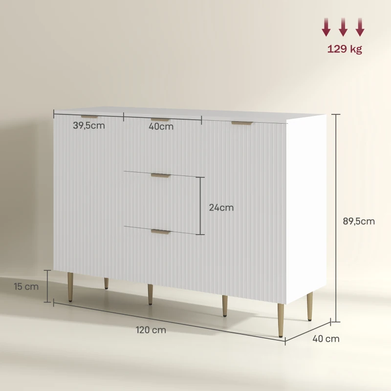 HOMCOM Buffet meuble cuisine rangement avec 3 tiroirs, étagères réglables, placards à portes cannelées, 120 x 40 x 90 cm, blanc