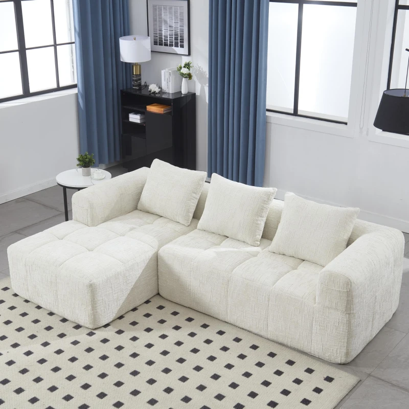 Modernes L-förmiges Wildledersofa, 3 Kissen, fernbedienbare Seitentaschen, 250L x 158B x 60H,Beige