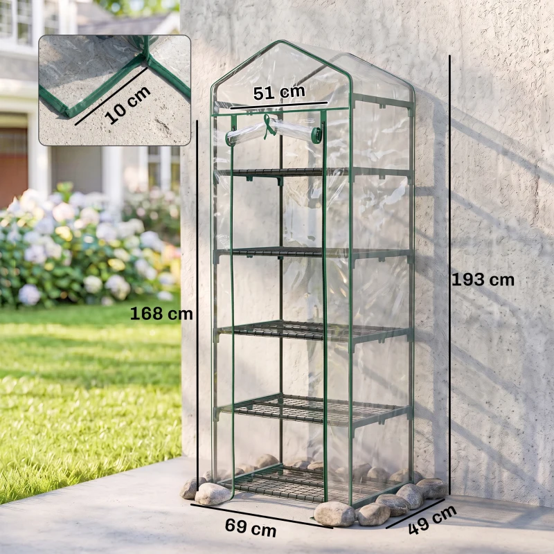 Outsunny foliekas minikas met 5 planken voor het kweken van bloemen of groenten serre transparant+groen staal kunststof 69 x 49 x 193 cm