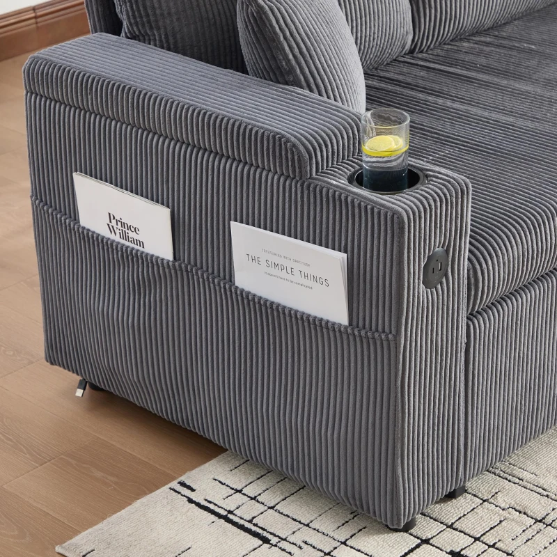 Modernes Cordsofa für drei Personen, mit Stauraum, Getränkehalter und USB-C-Anschluss, 212,5L x 136B x 86H cm, Carbongrau