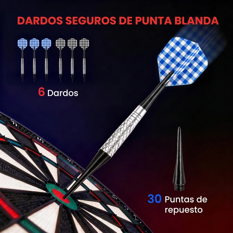 HOMCOM Diana Electrónica con 6 Dardos y 30 Puntas Pantalla LCD 26 Juegos y 185 Variaciones para 8 Jugadores