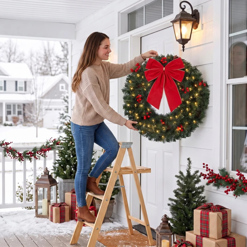 HOMCOM Coroniță de Crăciun de 60 cm cu Lumini LED, Conuri de Brad și Bobițe, Verde