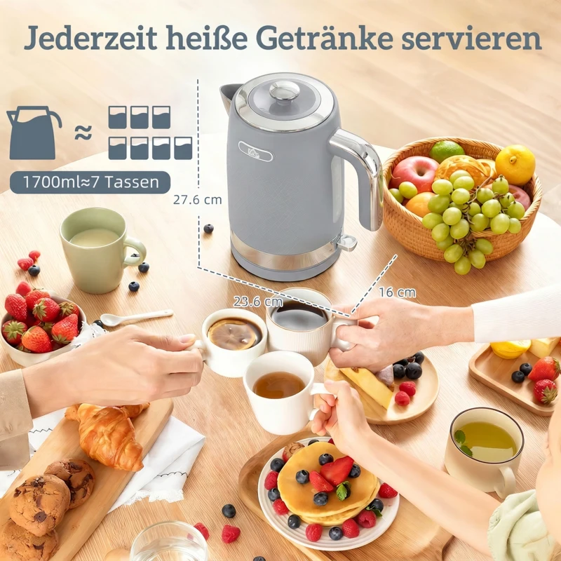 HOMCOM waterkoker- en broodroosterset, 1,7 l, 2200 W snelkook-waterkoker met thermostaat, 2-sneetjes broodrooster, grijs