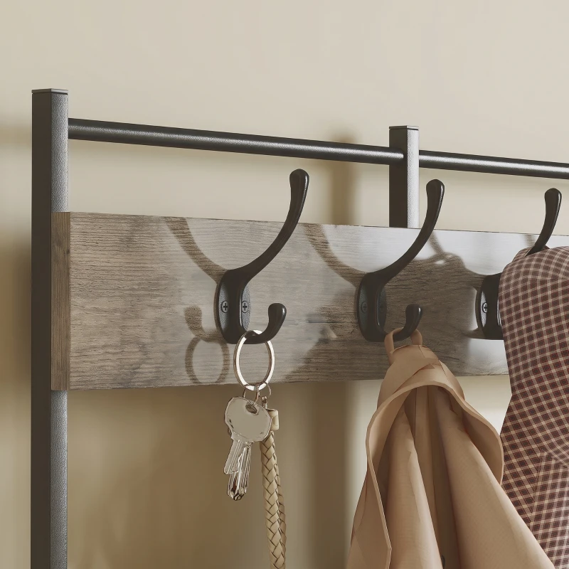 HOMCOM Porte-Manteau 4 en 1, Meuble d'Entrée avec 7 Tiroirs Pliables en Tissu, 14 Crochets et Panneau Grillagé, Gris Effet Bois