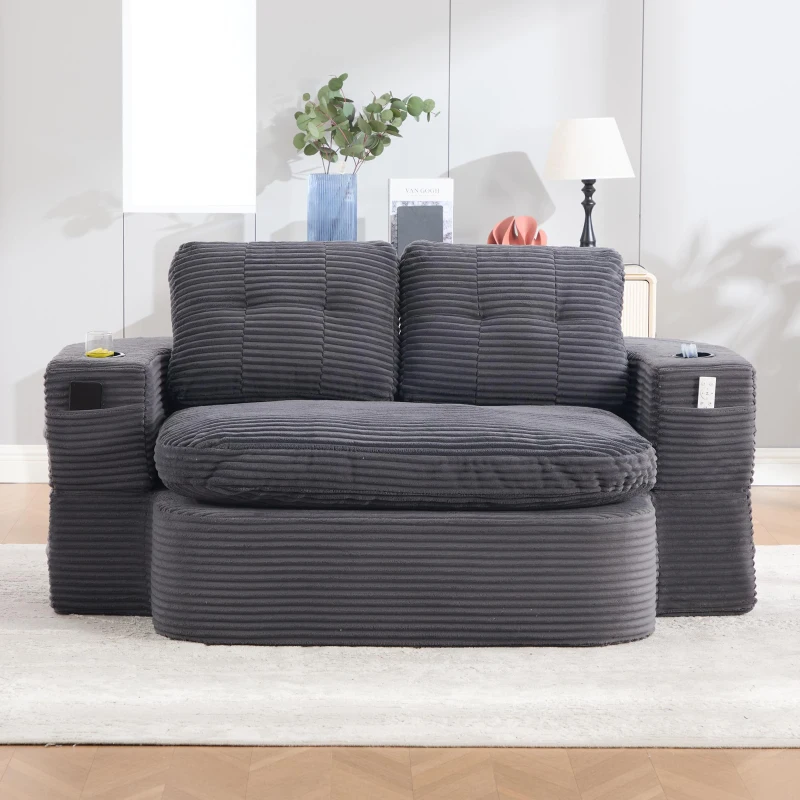2-in-1 Cordsofa mit verstellbarer Funktion, 2 Getränkehaltern, hohe Rückenlehne und extra tiefe Sitzfläche, 165L x 97B x 61H cm,Dunkelgrau