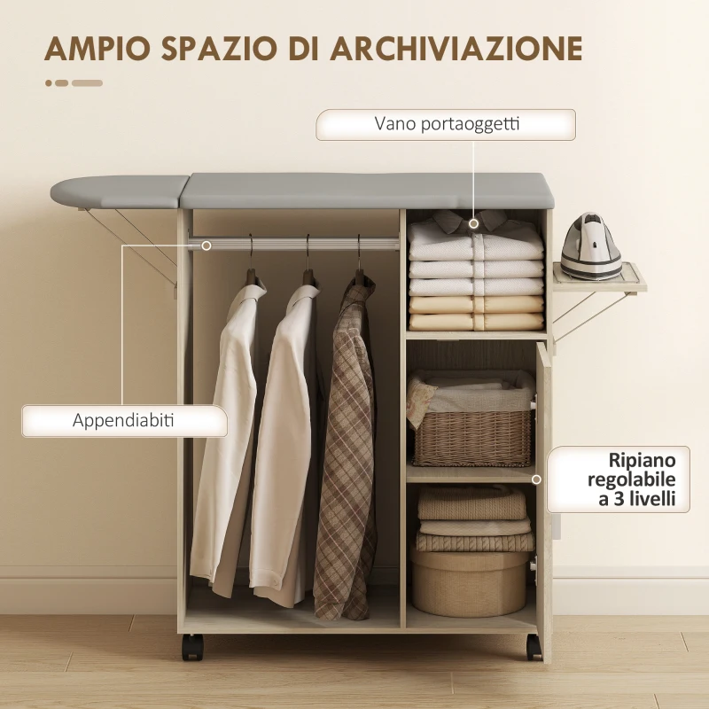HOMCOM Mobile Asse da Stiro con Piano d'Appoggio Effetto Lino, 3 Ripiani a Cubo e Guida, 127x42.5x99 cm, Multicolore