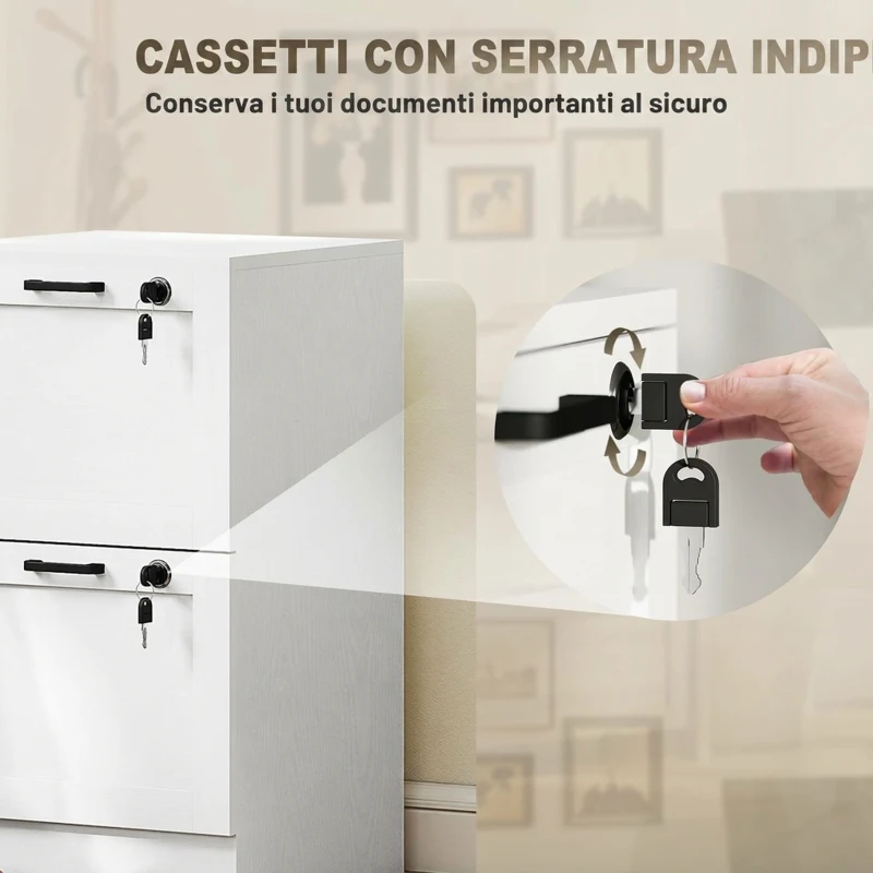 HOMCOM Cassettiera Portadocumenti a 2 Cassetti con Serrature e Spazio per Stampante, in Legno, 40x40x71 cm, Bianco