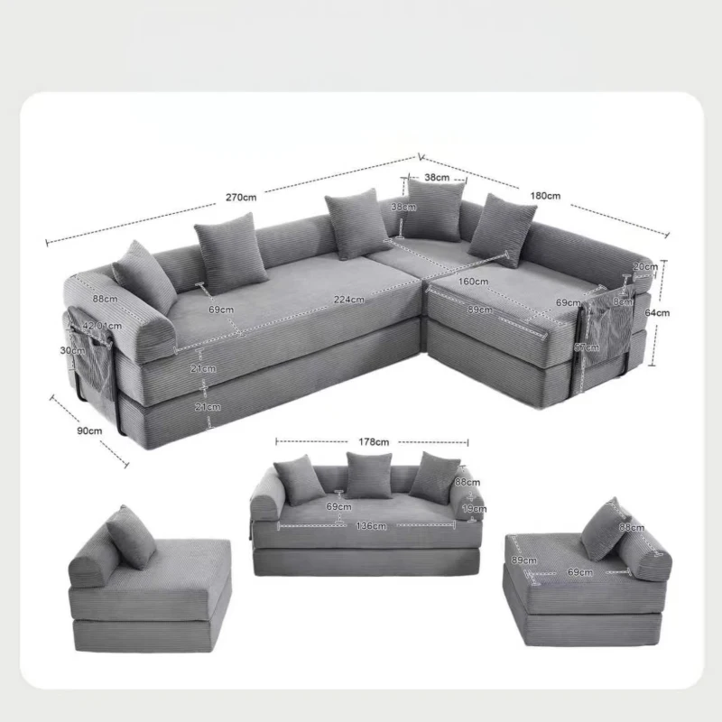 Bequemes Familiensofa mit Stauraum, frei kombinierbar, 270L x 180B x 64H cm, Dunkelgrau