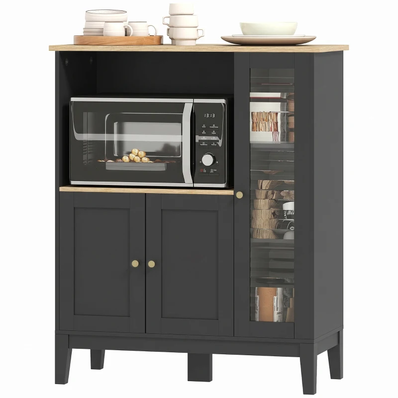 HOMCOM Mueble armario microondas para cocina con 1 nicho, 3 puertas pasacables 80 x 35 x 97 cm negro y aspecto madera