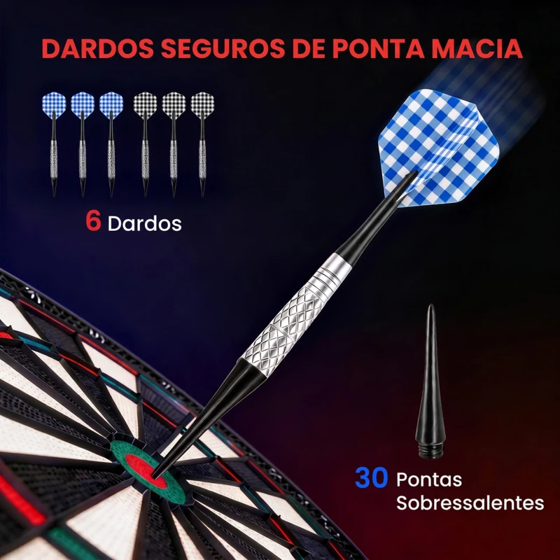 HOMCOM Alvo Eletrónico com 6 Dardos e 30 Pontas, Ecrã LCD, 26 Jogos e 185 Variações, para 8 Jogadores