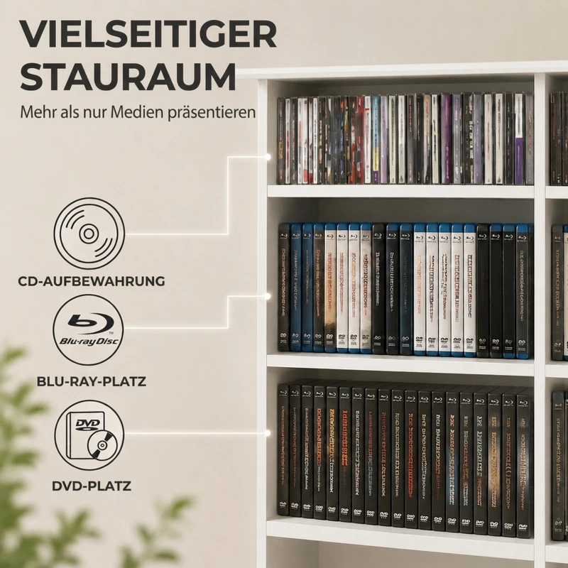 HOMCOM Mediarek, 8 niveaus, dvd-rek met 12 verstelbare planken, 16 vakken, voor 720 cd's, wit