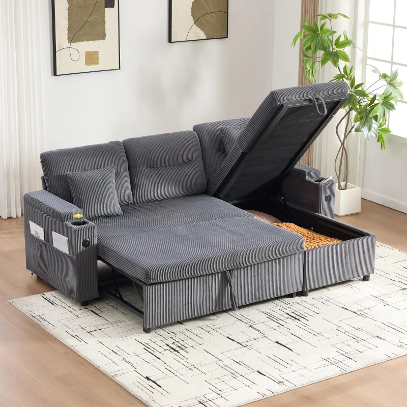 Modernes Cordsofa für drei Personen, mit Stauraum, Getränkehalter und USB-C-Anschluss, 212,5L x 136B x 86H cm, Carbongrau