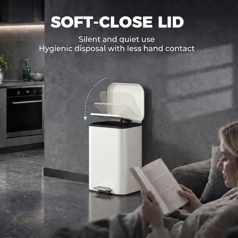 HOMCOM 20 L Kitchen Pedal Bin, Metal Rubbish Bin with Removable Inner Bucket, Soft-Close & Stay-Open Lid, Cream White