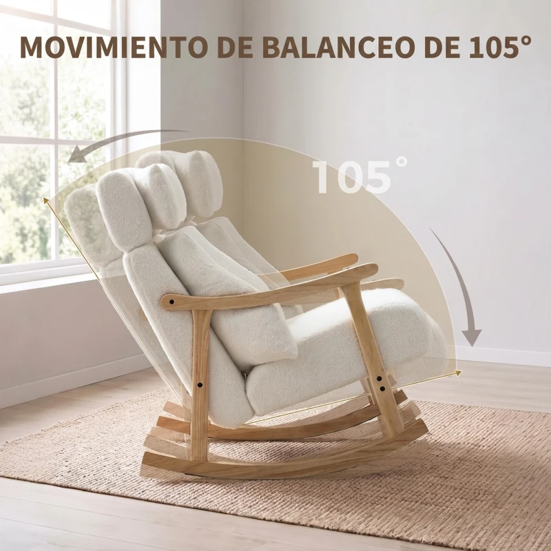 HOMCOM Mecedora Tapizada de Borreguito con Reposacabezas Ajustable y Patas de Madera 65x98x88 cm Crema