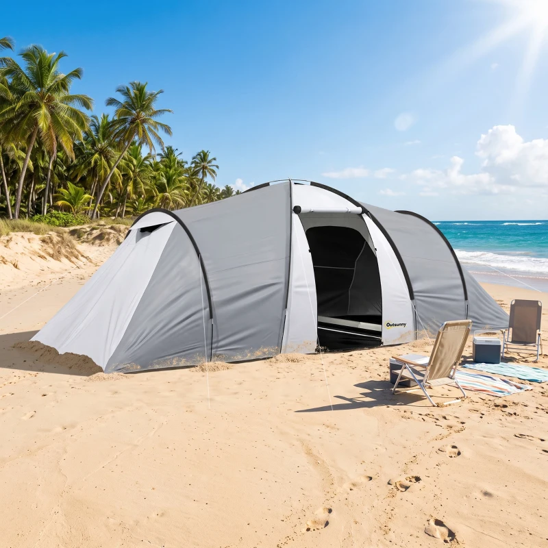 Outsunny Tienda de Campaña Familiar para 4 Personas con 2 Ventanas y Bolsa de Transporte Impermeable Anti-UV 590x245x193cm Gris