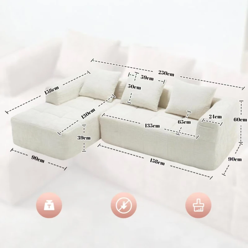 Modernes L-förmiges Wildledersofa, 3 Kissen, fernbedienbare Seitentaschen, 250L x 158B x 60H,Beige
