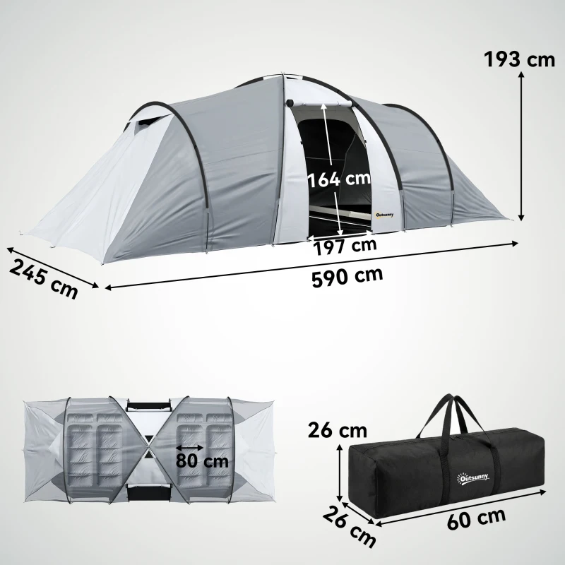Outsunny Tienda de Campaña Familiar para 4 Personas con 2 Ventanas y Bolsa de Transporte Impermeable Anti-UV 590x245x193cm Gris