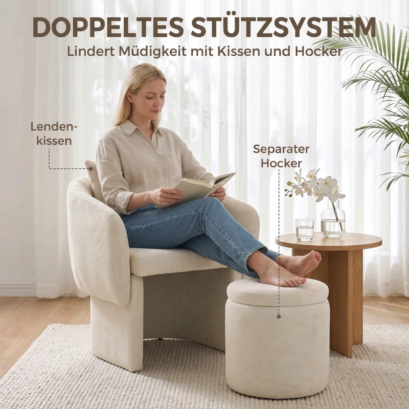 HOMCOM Relaxsessel mit Hocker Loungesessel mit Geschwungene Rückenlehne, Armlehnen, Nordischer Chenille Gepolstert Beige