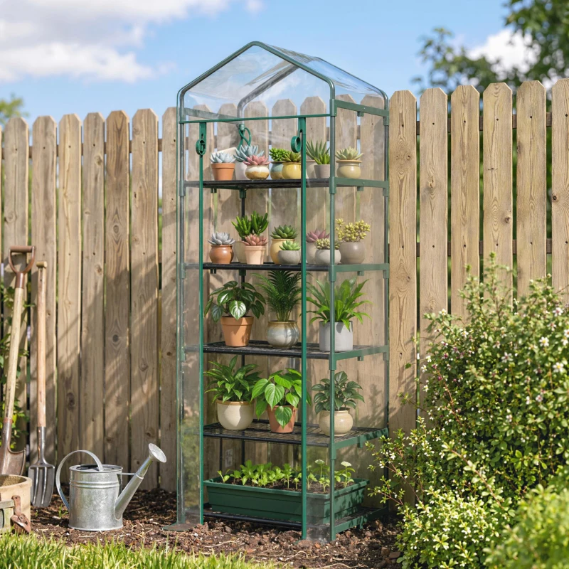 Outsunny Mini Serra da Giardino e Terrazza per Piante a 5 Ripiani in Acciaio con Copertura in PVC, 69x49x193 cm, Verde