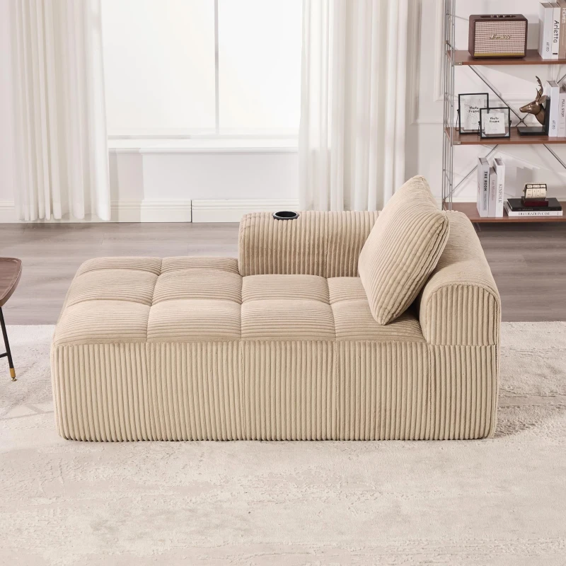 Bequemes Cordsofa mit Rückenlehne, seitlichen Aufbewahrungstaschen für Fernbedienung und Handy, eingebauter Getränkehalter, 158X93X61 cm,, Khaki