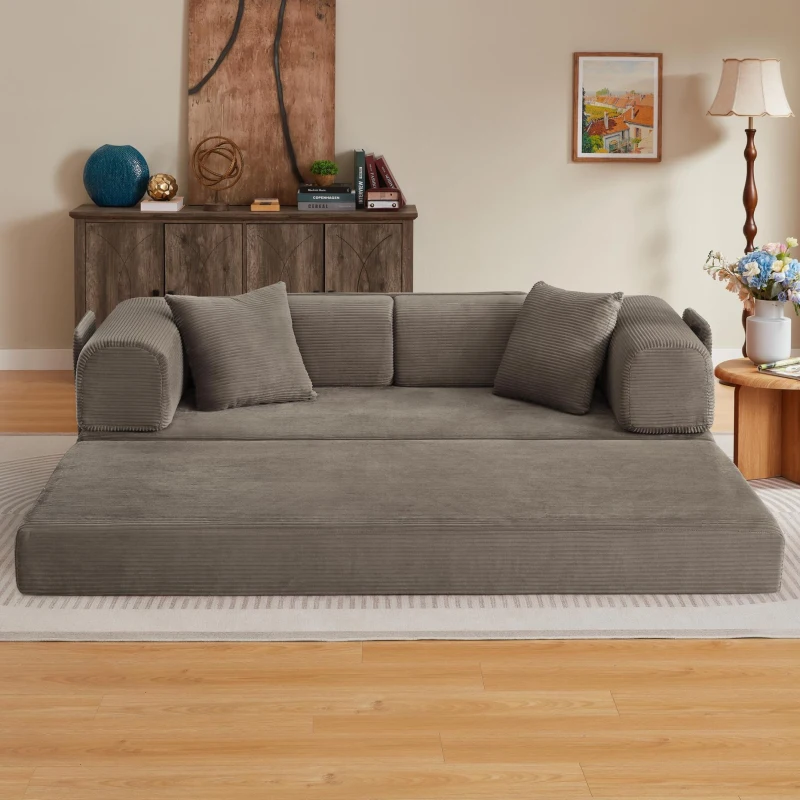 Knochenloses modulares Sofa, umbaubar in ein Bett, umfasst 2 Polster und einen Stahlrahmen, 204L x 97B x 65H cm,Taupe