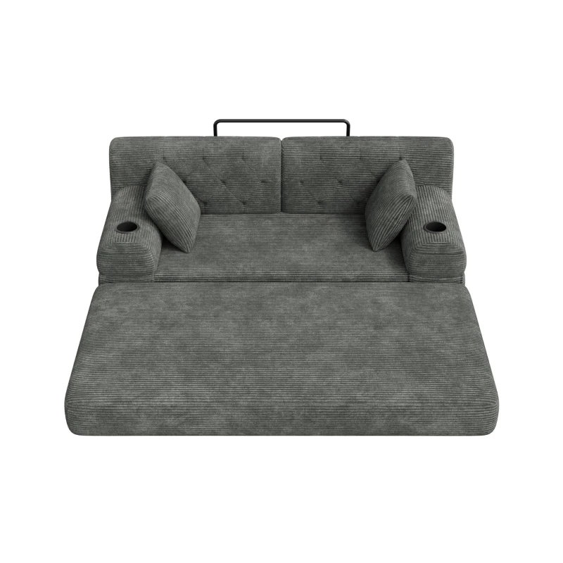 Doppeltes komprimiertes Cordsofa, Metallrahmen, 2 Becherhalter und 4 Seitentaschen, 168L x 80B x 81H cm, Dunkelgrau