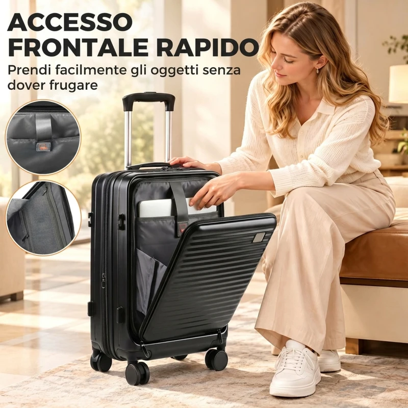 HOMCOM Valigia Rigida Piccola 48L Espandibile con 4 Ruote e Scomparto per Laptop, 56x36x24 cm, Nero