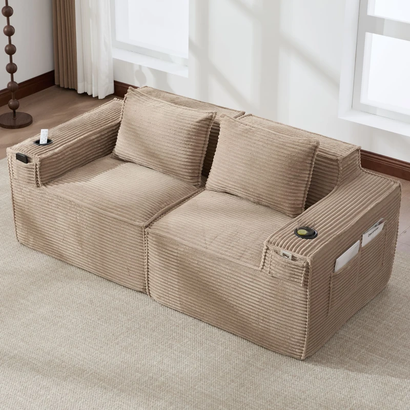 Modulares Doppelsitz-Cordsofa mit Becherhaltern und Seitentaschen, Federkern und hochdichtem Schaumstoff, 188L x 90B x 75H cm, Khaki