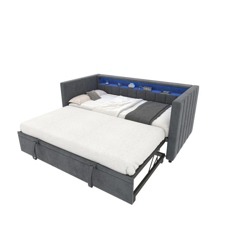 Multifunktionales Schlafsofa 90.5x190.5 cm, mit ausziehbarem Bett, USB-Typ-C-Anschluss und LED-Beleuchtung, 201L x 100-192B x 73H cm, Dunkelgrau