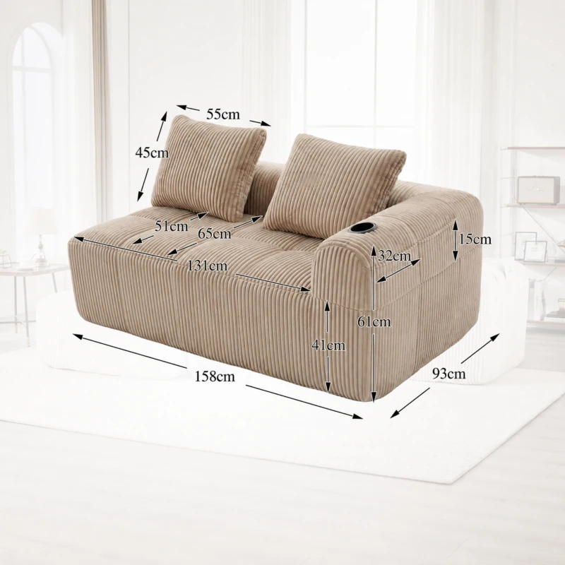 Bequemes Cordsofa mit zwei Sitzern, seitliche Aufbewahrungstasche für Fernbedienung und Handy, eingebauter Getränkehalter, 158X93X61 cm, Khaki