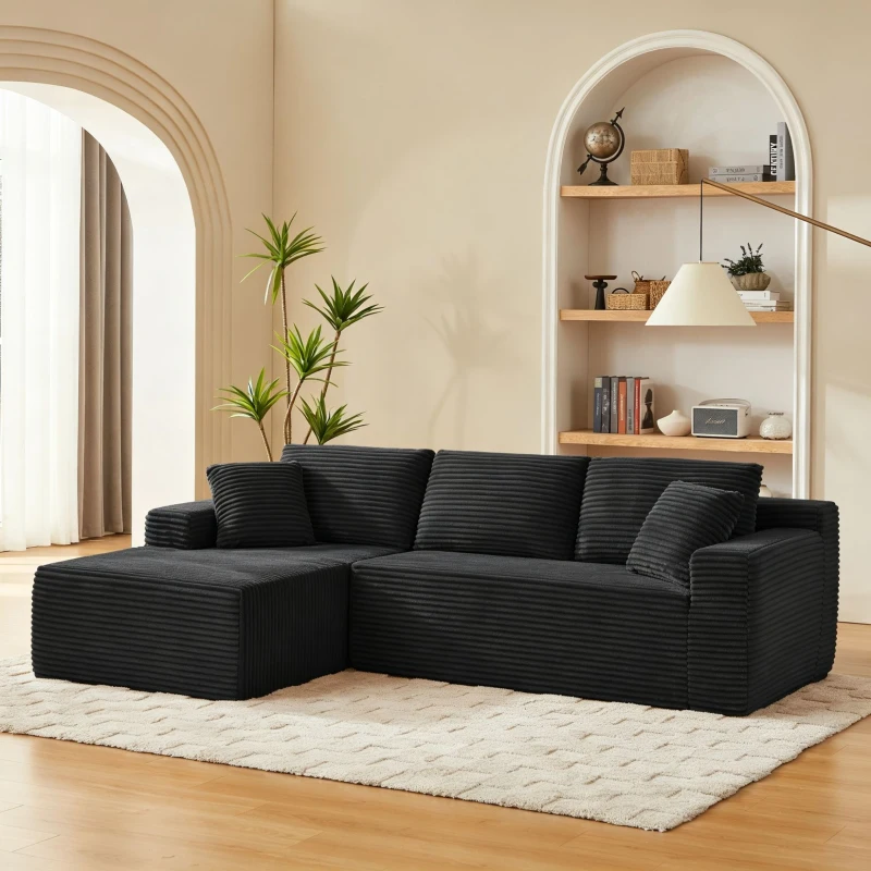 Moduläres L-förmiges 3-Sitzer-Sofa, gefertigt aus atmungsaktivem Stoff und hochwiderstandsfähigem Memory-Schaumstoff, mit abnehmbarer Rückenlehne und Nackenkissen, Maße 252,5L x 163B x 65H cm, Schwarz