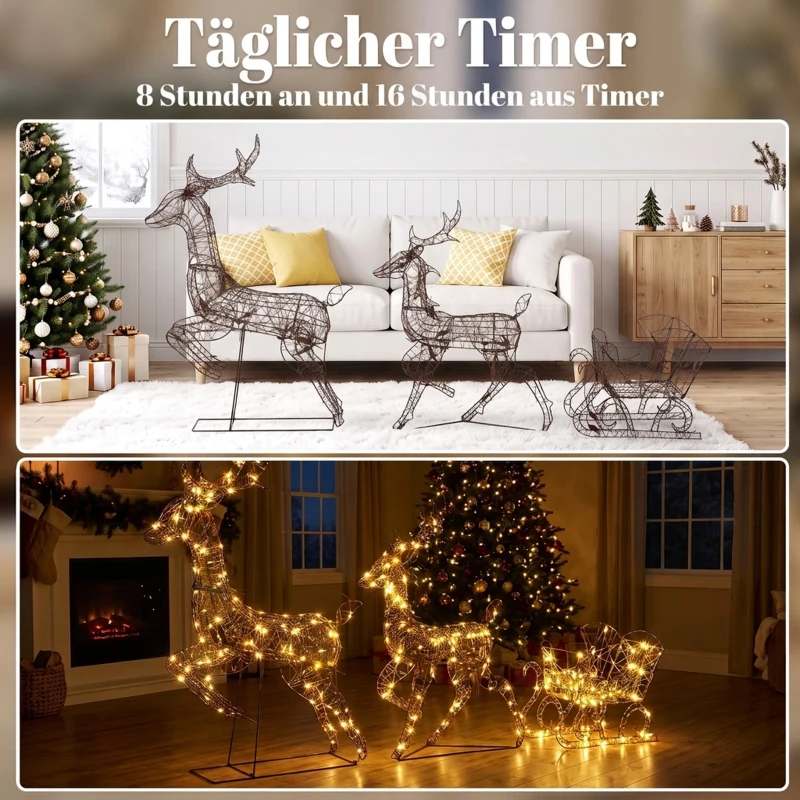Outsunny 3-tlg. beleuchtetes Rentier- und Schlitten-Set, Weihnachtsdeko aus Polyrattan mit LEDs, 8 Modi, Timer
