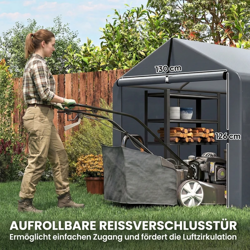 Outsunny Garagenzelt 2,2 x 1,6 m Wasserdicht Gerätezelt mit Rolltür Satteldach Stahlrahmen, UV-beständig Dunkelgrau