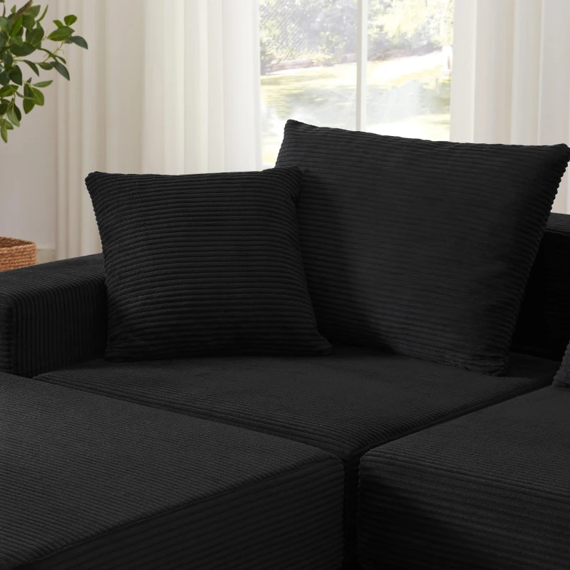 Knochenlose Sofabestuhlung mit rutschfester Basis, mit breiten Armlehnen, bequemen Rückenlehnen und einem hochelastischen Polster, Maße 259,5 L x 96 B x 64,5 H cm, Schwarz