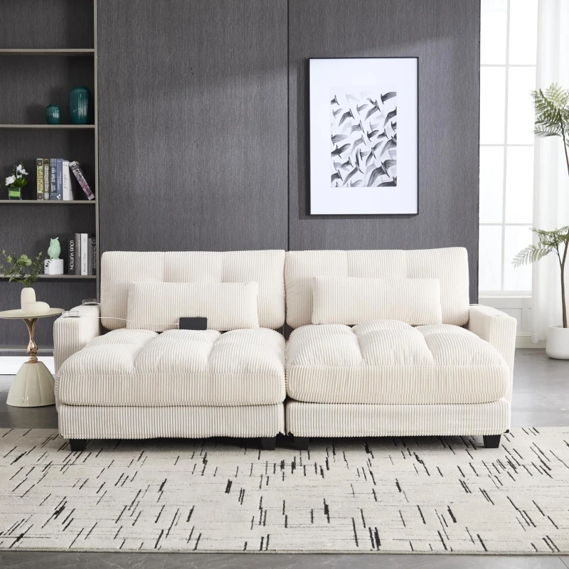 Das schwarze Cord-Doppelsofa verfügt über 2 Kissen, 4 Becherhalter und 4 Seitentaschen, kann in zwei unabhängige Sitze geteilt werden, 224L x 140B x 81H cm , Beige