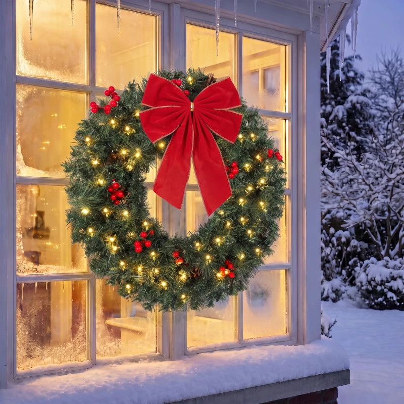 HOMCOM Coroniță de Crăciun de 60 cm cu Lumini LED, Conuri de Brad și Bobițe, Verde