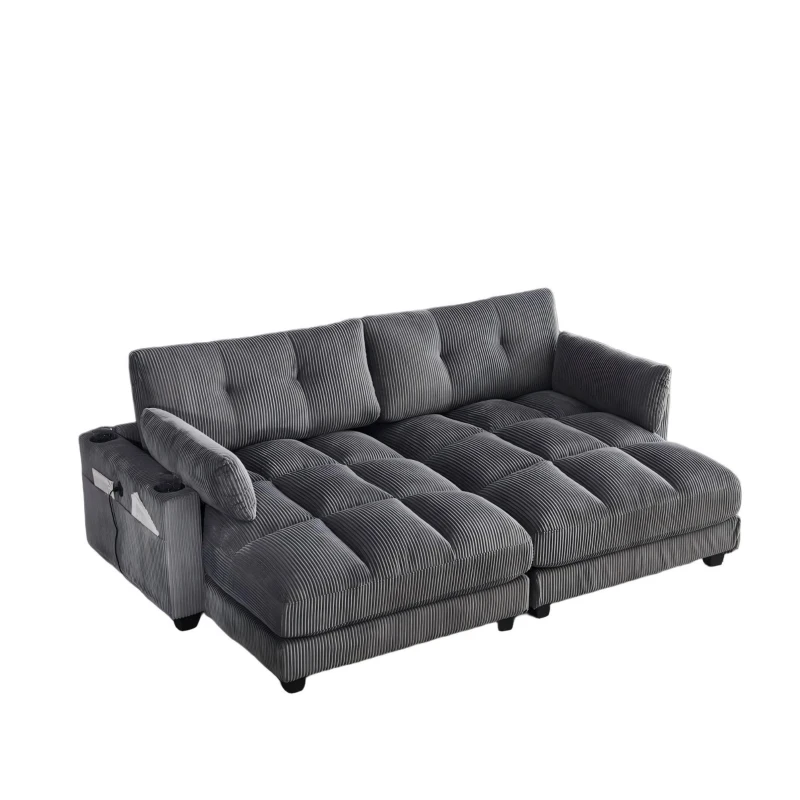 Das schwarze Cord-Doppelsofa verfügt über 2 Kissen, 4 Becherhalter und 4 Seitentaschen, kann in zwei unabhängige Sitze geteilt werden, 224L x 140B x 81H cm , Grau