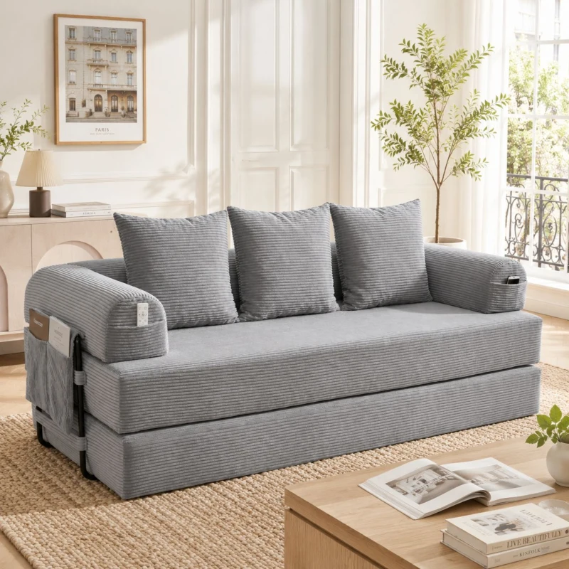 Faltbares Kompressionssofa mit stabilem Metallrahmen, Seitentaschen plus 3 Kissen, 200L x 94B x 67H cm,Hellgrau