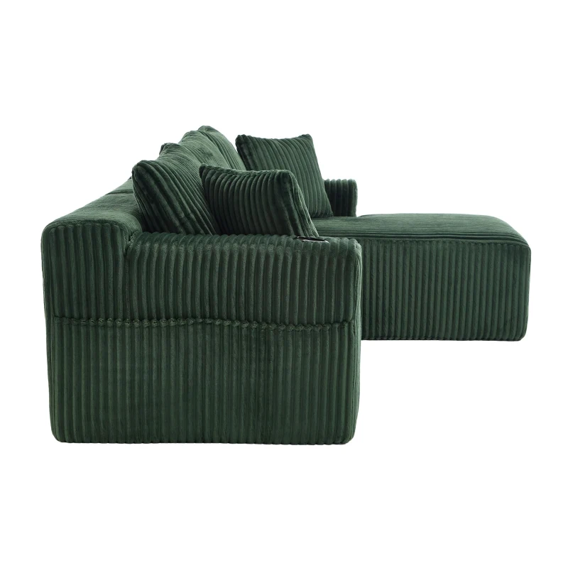 Modulares Sofaset mit Liegestühlen und Doppelbetten, 5 Kissen und 2 Getränkehaltern，257X160X62 cm, Smaragdgrün