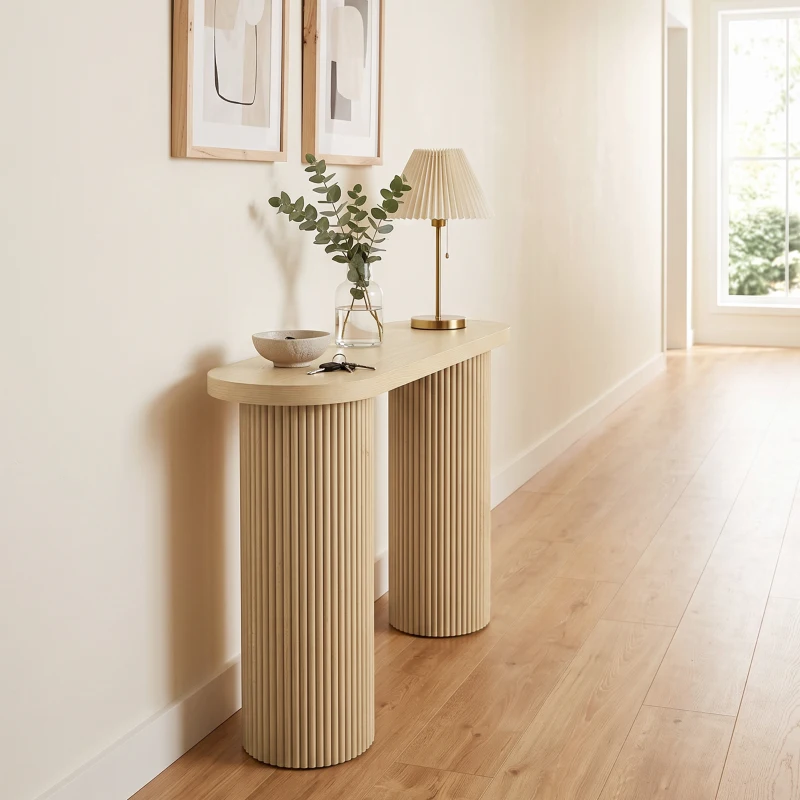 HOMCOM Table Console Cannelée, Rangement Dissimulé, Pieds Colonnes, Style Rustique, Console d'Entrée Étroite, 103x35x80cm Chêne