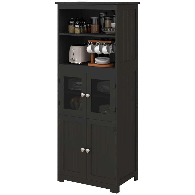 HOMCOM Dulap cămară cu 2 rafturi deschise și 2 dulapuri cu uși, din MDF și sticlă, 60x30x162 cm, negru